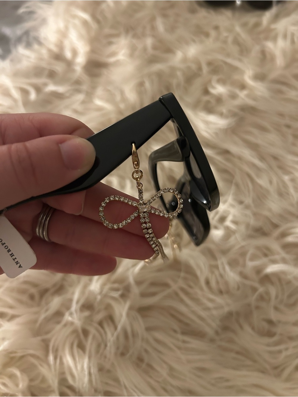 NWT Anthropologie Black Cat-Eye Sunglasses with Gold Chain Bow Accents - Picture 2 of 4